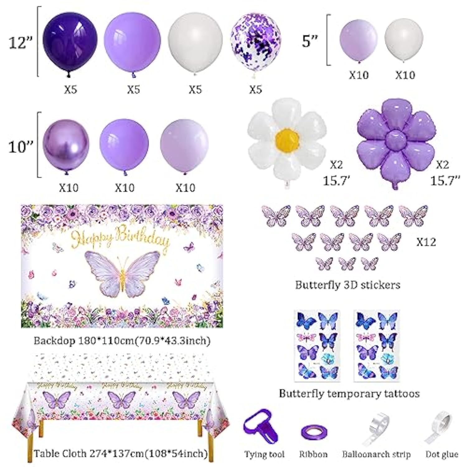 90pcs Butterfly Party Kit with Balloon Arch, Backdrop, Banner & Tablecloth