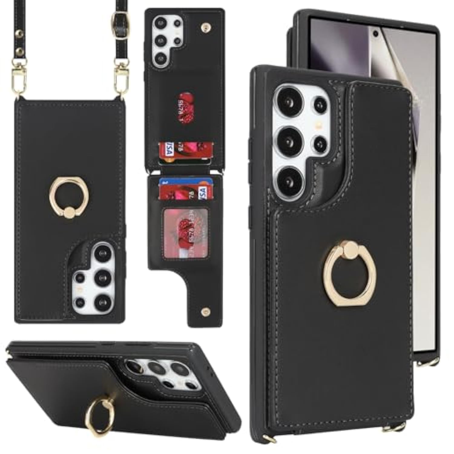 For Samsung Galaxy S24 Ultra Case With Card Holder And Strap For Women,Crossbody Lanyard,Ring Stand,Snap Clasp,Phone Wallet Case(6.8 Inch,Black)