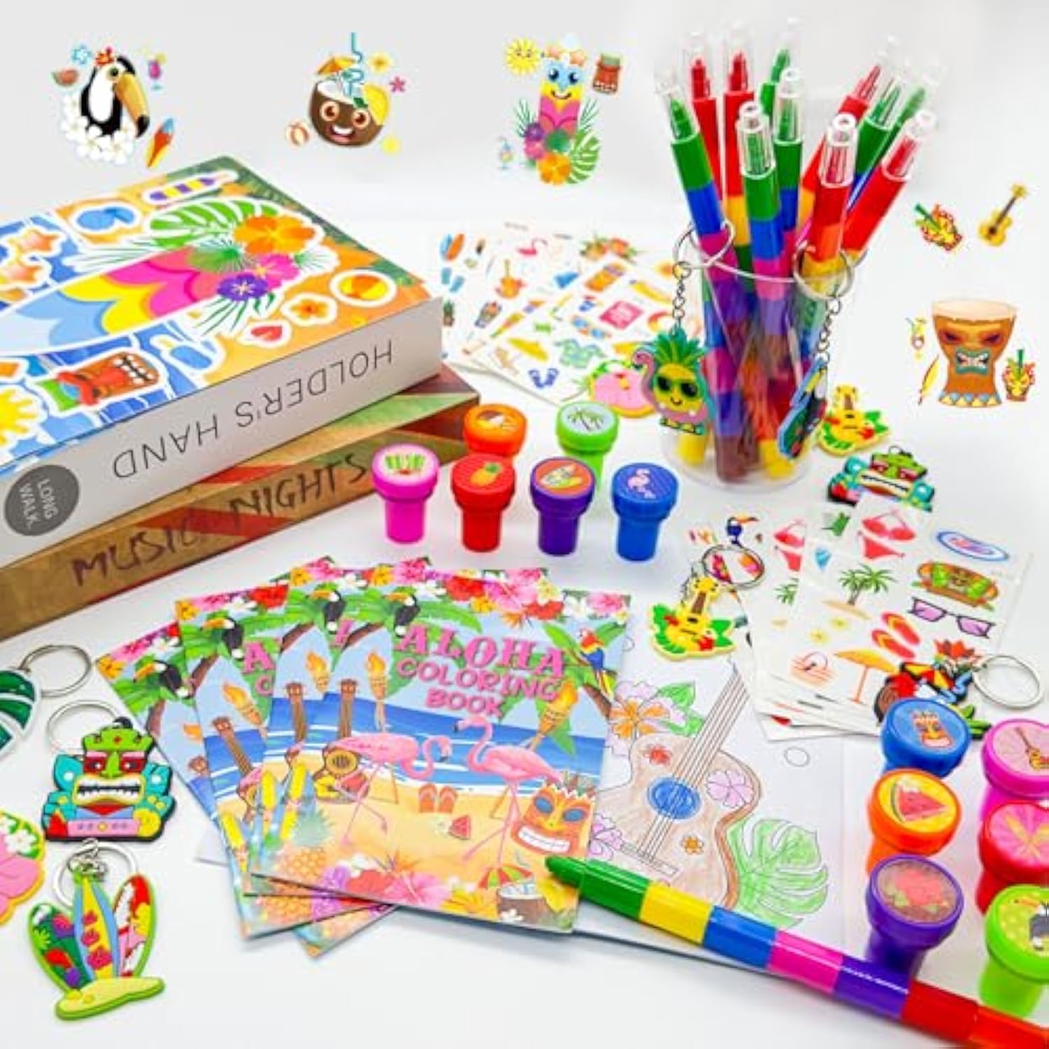 72 Pcs Hawaiian Luau Party Favors, Tropical Moana Flamingo Coloring Books Bulk, Aloha Tiki Summer Birthday Goodie Bag Fillers, Tattoos Stickers Stampers Prizes For Beach Pool Party