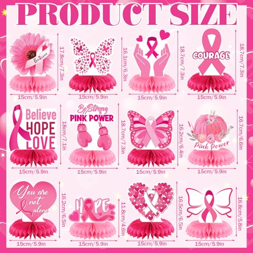 12 Pcs Breast Cancer Awareness Party Decorations Honeycomb Centerpieces Pink Ribbon Butterfly Daisy Heart Table Topper Believe Hope Love Table Decoration for Breast Party Favor Supplies