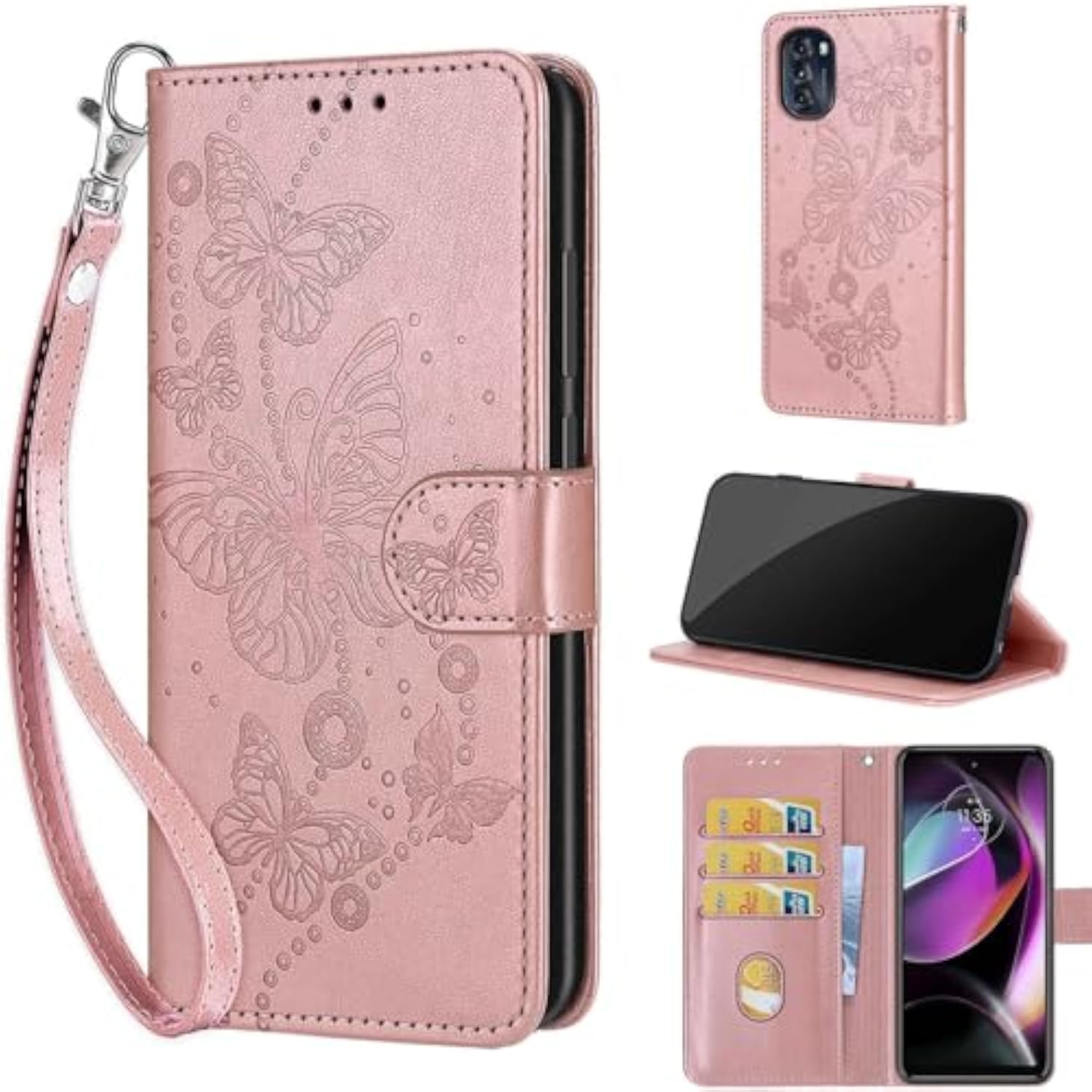 Designed For Motorola Moto G 5G 2022 Case Wallet,Women Flip Folio Cover With Embossed Pu Leather Stand Credit Card Holders Slots Wrist Strap Phone Case For Moto G 5G 2022 (Rose Gold Butterfly)