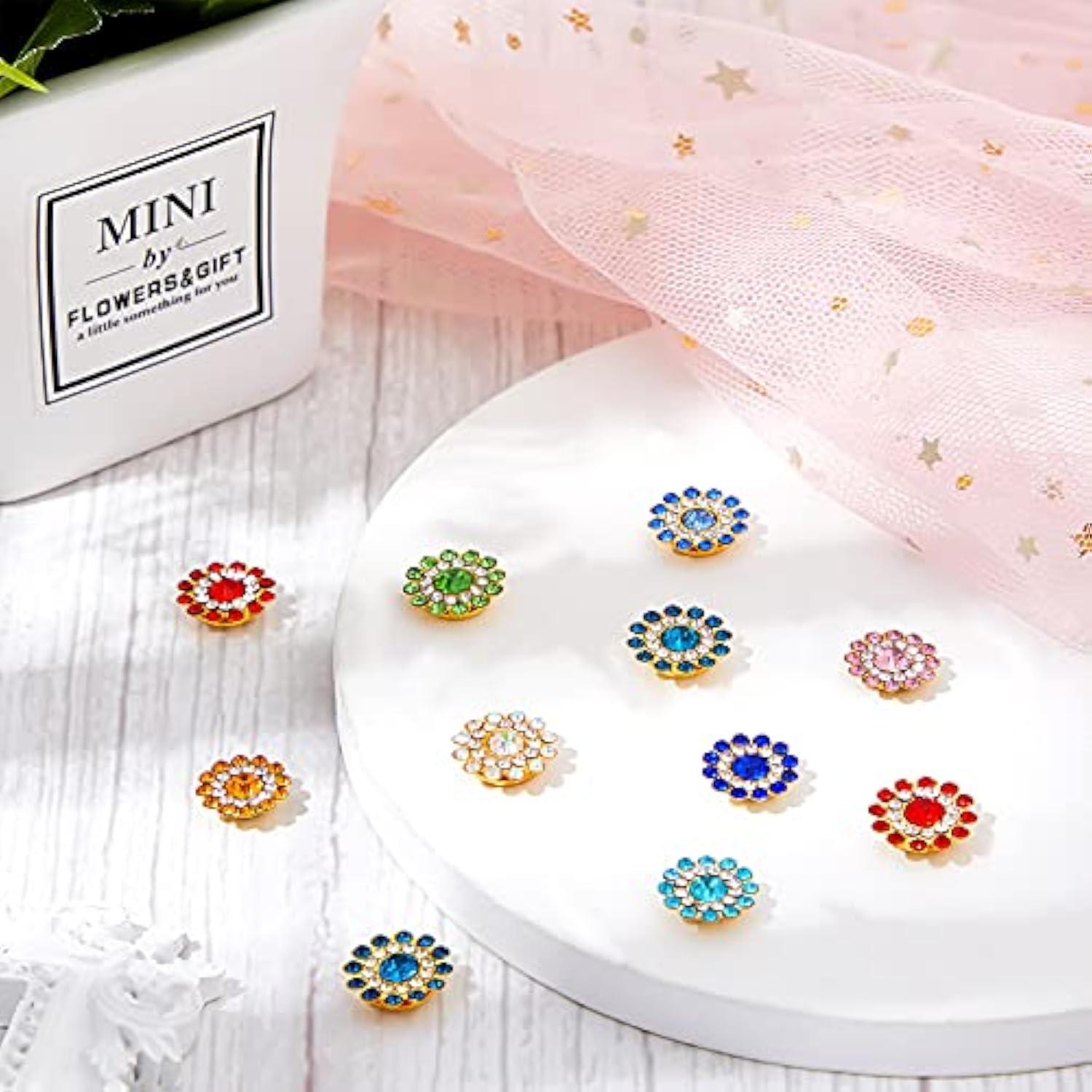 300 Pieces 12Mm Flower Buttons With Rhinestones Sew On Flower Embellis