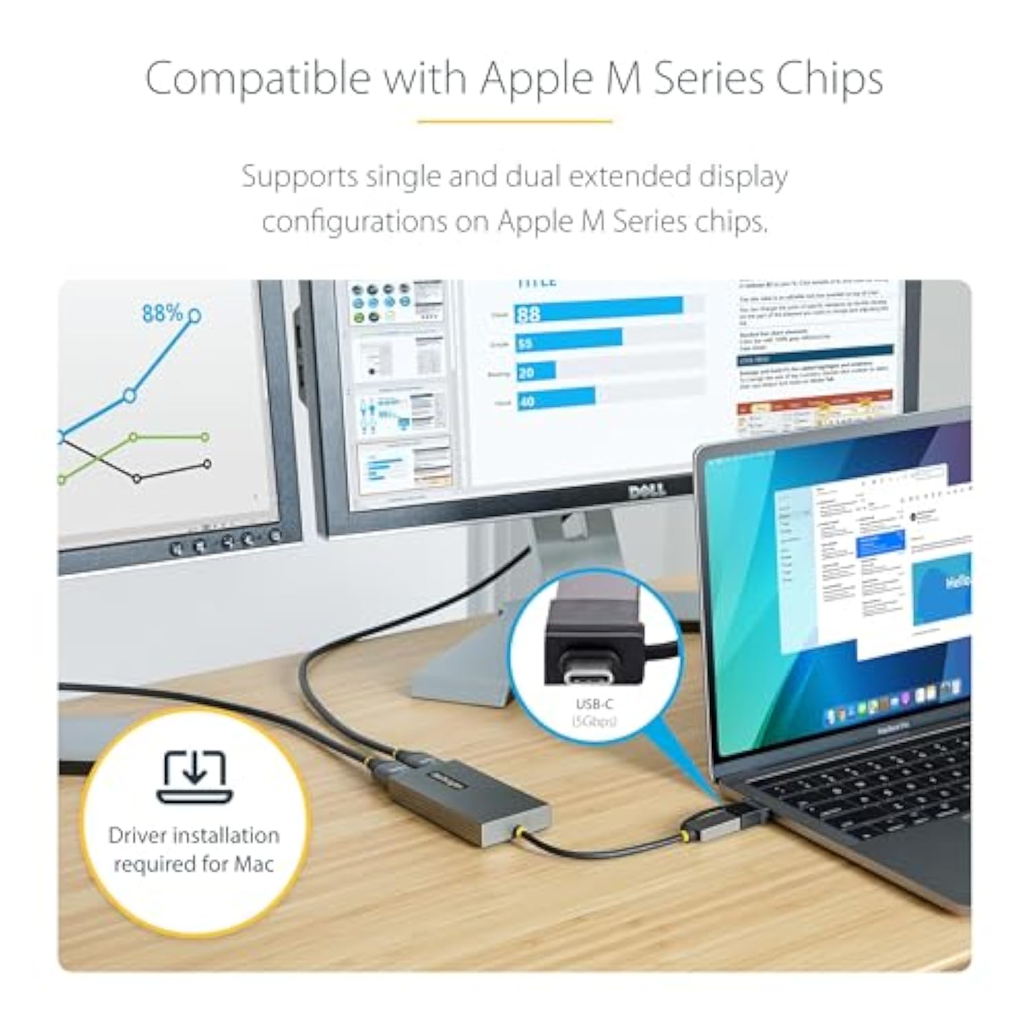StarTech.com USB 3.0 or USB-C to Dual HDMI Adapter for Windows & macOS, 2x HDM