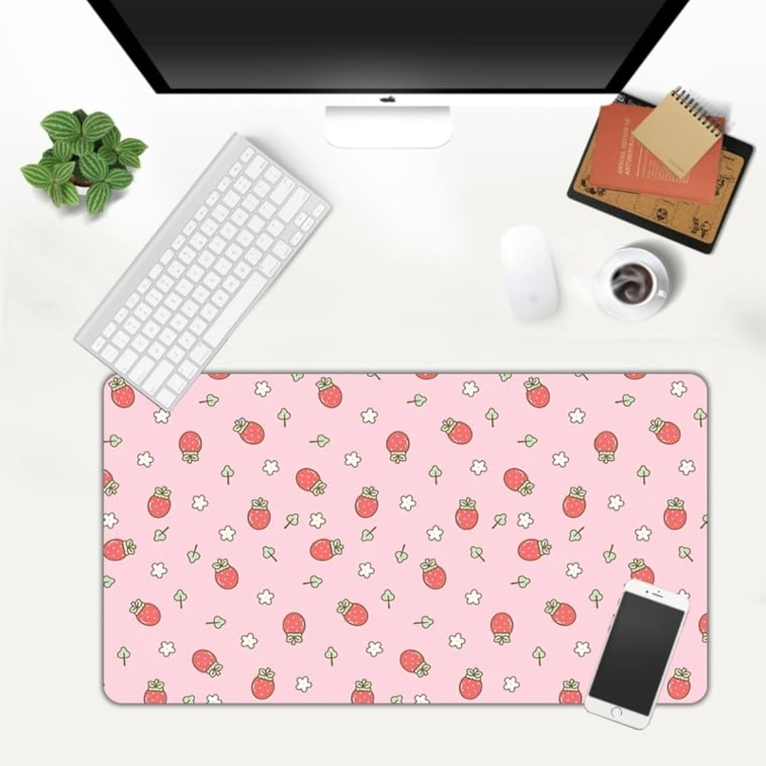 Kawaii Mousepad Cute Strawberry, Pink Gaming Deskmat, Anime Aesthetics Desk Mat, Strawberry Pastel Peach Yoghurt Kawaii Desk Pad, Cute Large Mouse Pad Mouse Mat