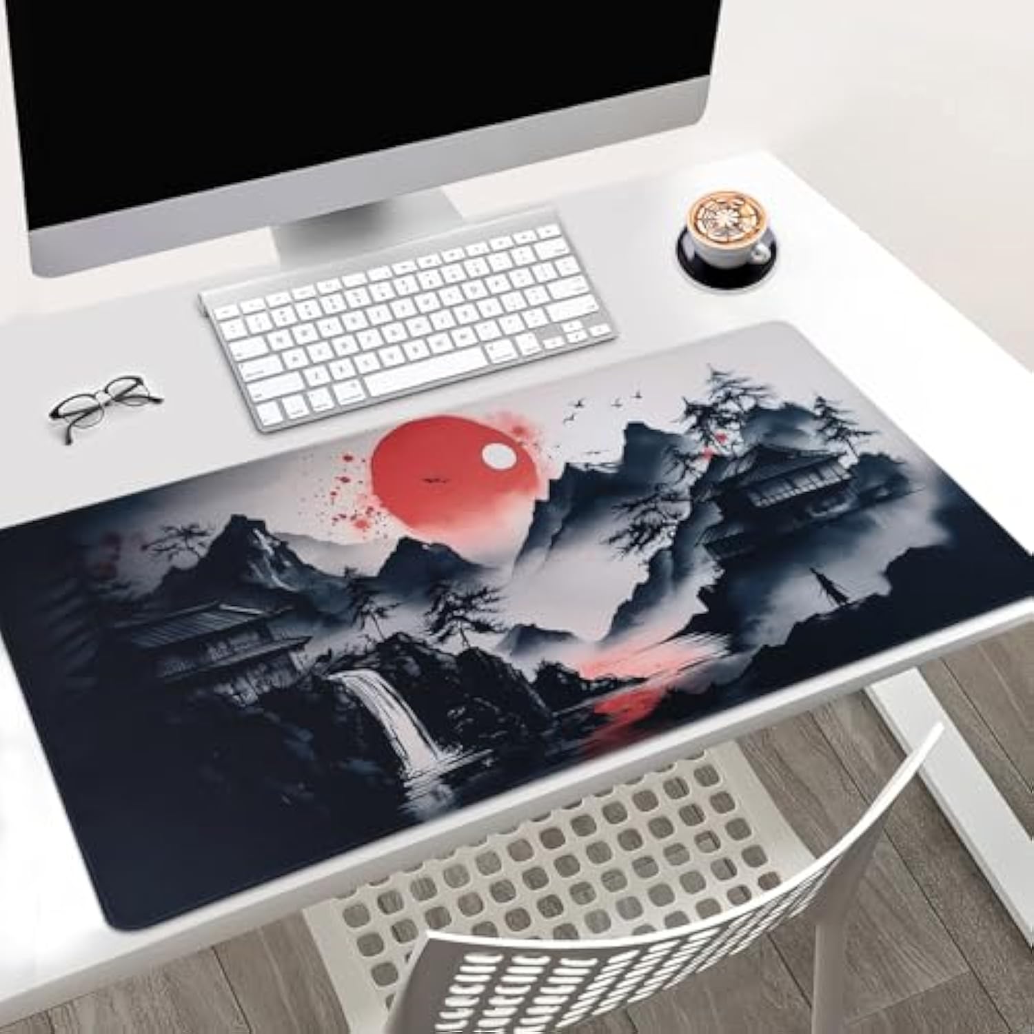 Japanese Art Landscape Extended Gaming Mouse Pad, Large Desk Mat With Non-Slip Base, 31.5 X 15.7 Inches, Red Sun Mountain Design