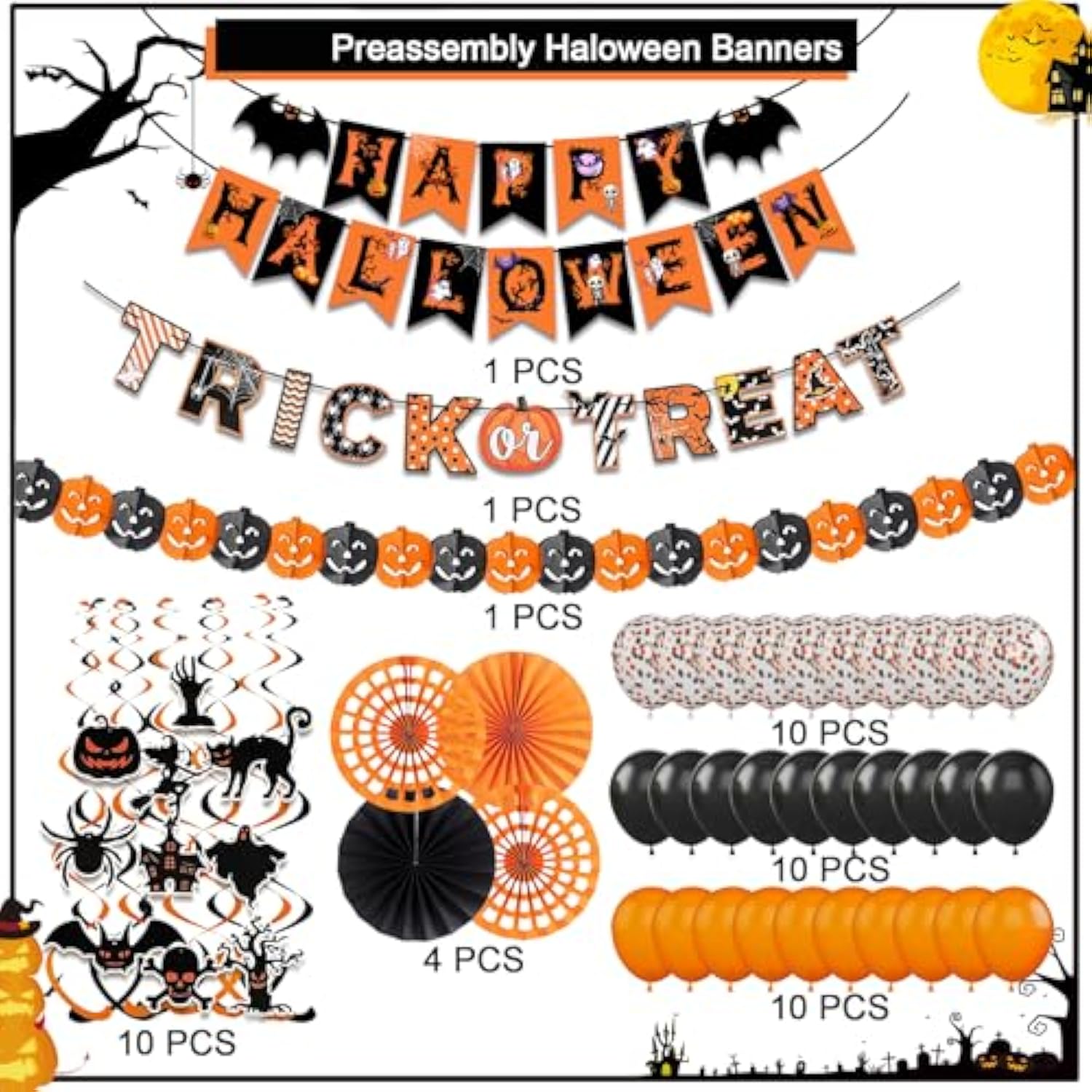 Happy Halloween Banner Balloons Swirl Streamers Paper Fans Pumpkin Bat Ghost Decor