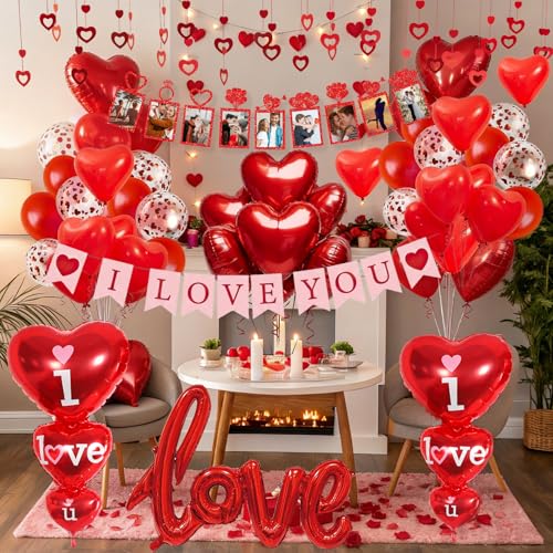 Red Valentines Day Decorations Set with I LOVE YOU Banner and Balloons, Photo Banner,Heart Hanging Decor and Red Heart Balloons with Rose Petals for Weddings,Valentine's Day and Anniversaries