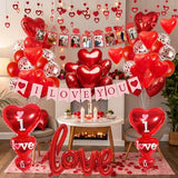 Red Valentines Day Decorations Set with I LOVE YOU Banner and Balloons, Photo Banner,Heart Hanging Decor and Red Heart Balloons with Rose Petals for Weddings,Valentine's Day and Anniversaries