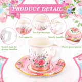 160 Pcs Floral Paper Tea Cups And Saucers 7 Oz Disposable Paper Tea Cups With Handle And Plates For Tea Party Decoration Birthday Baby Shower Bridal Wedding Mother'S Day