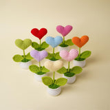 3 Pieces Mini Handmade Crochet Heart Flowers Potted Plants Artificial Knitted Heart Flower For Women Bulk Teacher Appreciation Presents,Purple+Blue+Pink Love