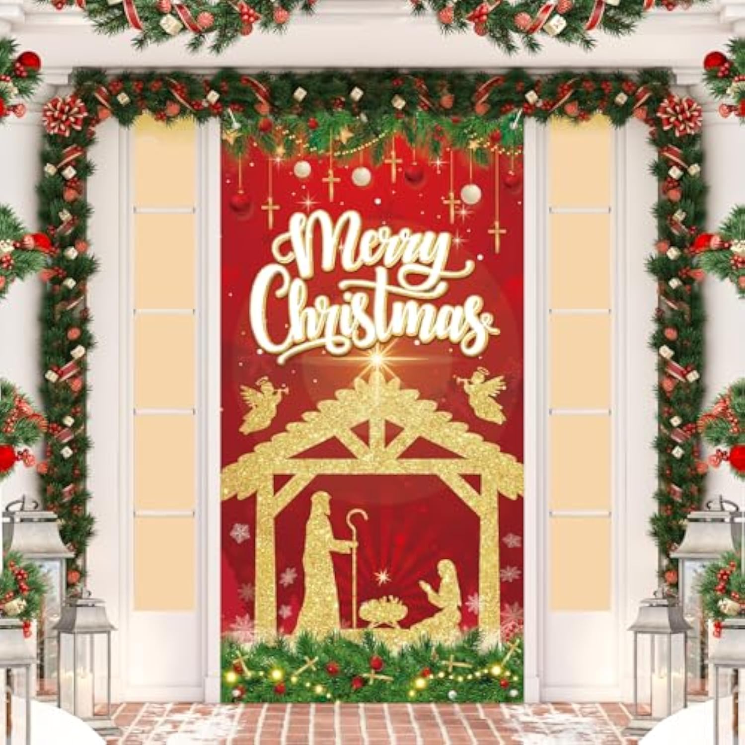 Christmas Nativity Door Banner Red Gold Jesus Scene Party Decoration 73x36 Inch