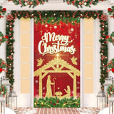 Christmas Nativity Door Banner Red Gold Jesus Scene Party Decoration 73x36 Inch