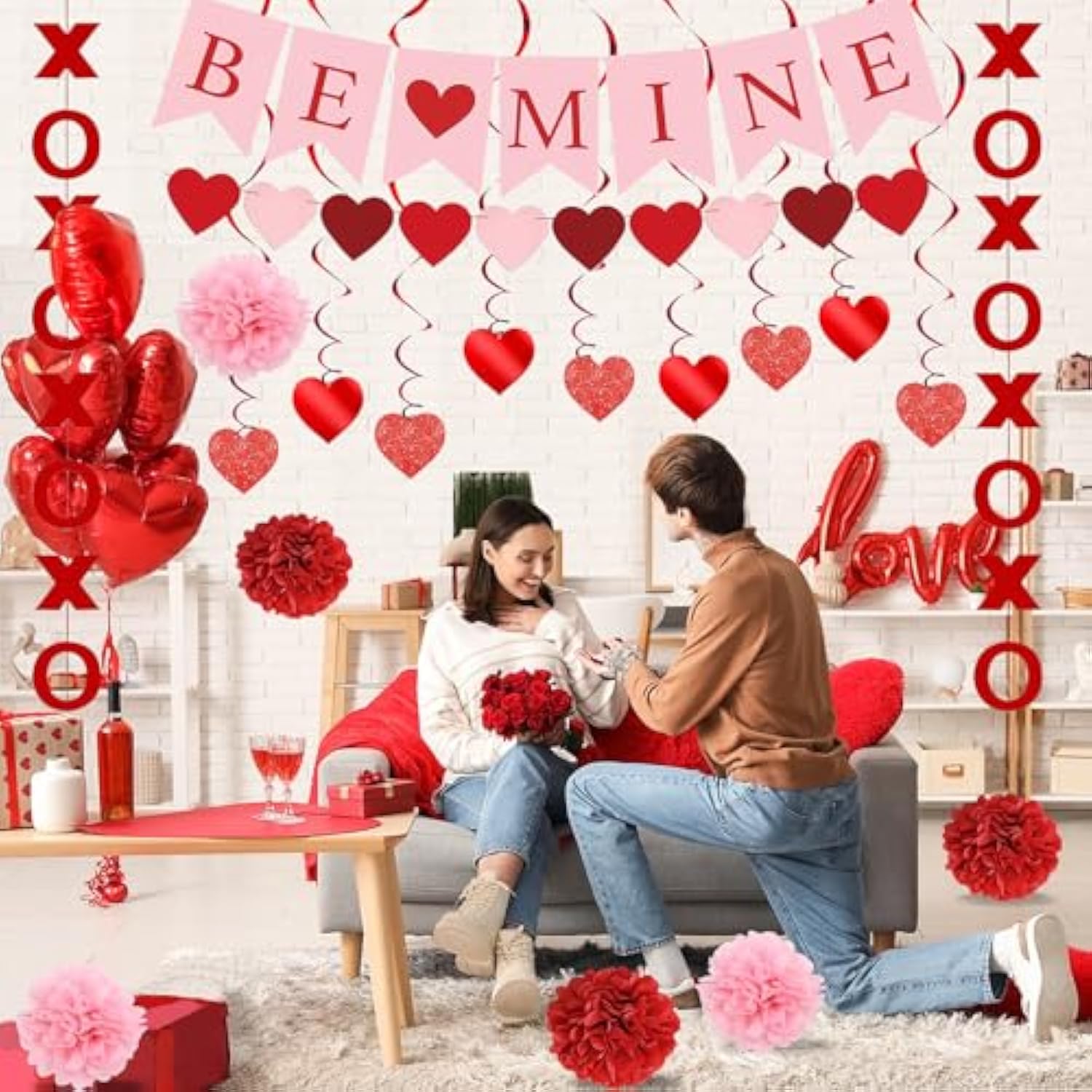 Upgraded Valentines Day Decorations Set Pre-Assembled Hanging Heart Swirls,Be Mine Banner,Heart Xo Garlands Banner For Valentines Wedding Engagement Anniversary Party