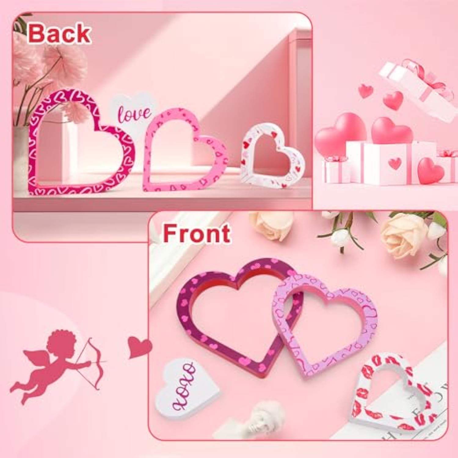 Wooden Valentines Day Decor - 4 Pcs Double-Sided Cute Wood Heart Signs For Valentines Decorations - Valentines Day Decorations For The Home, Table, Tiered Tray, Mantel, Office, Bedroom