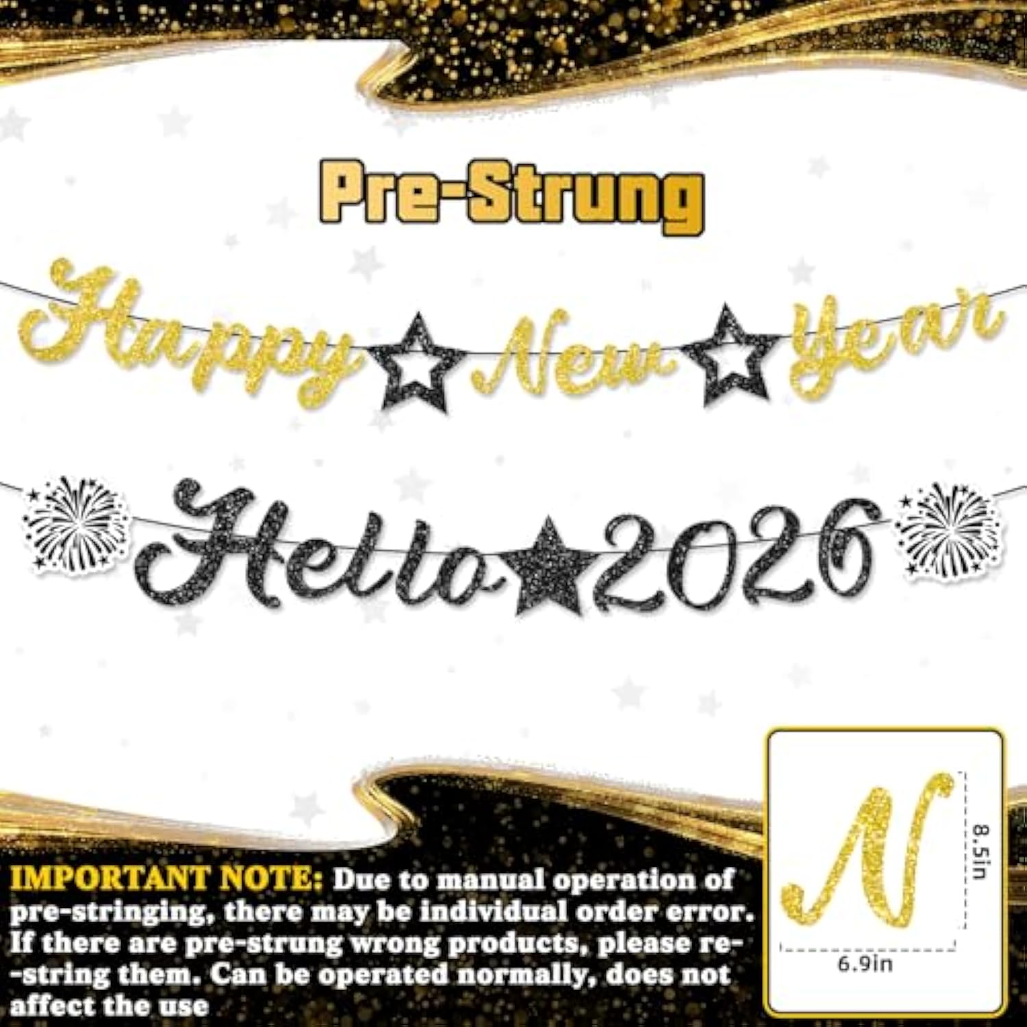 Glitter Black Gold 2026 Happy New Year Banner for Party Decorations