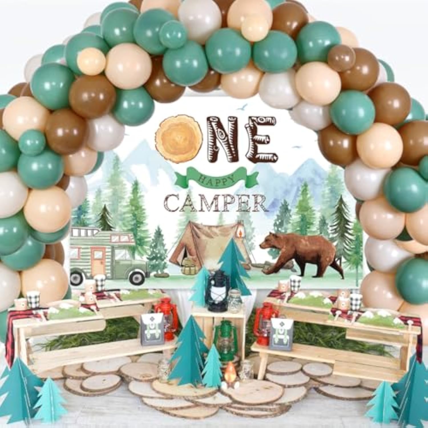 One Happy Camper Birthday Decorations For Kids Green 1St Forest Jungle