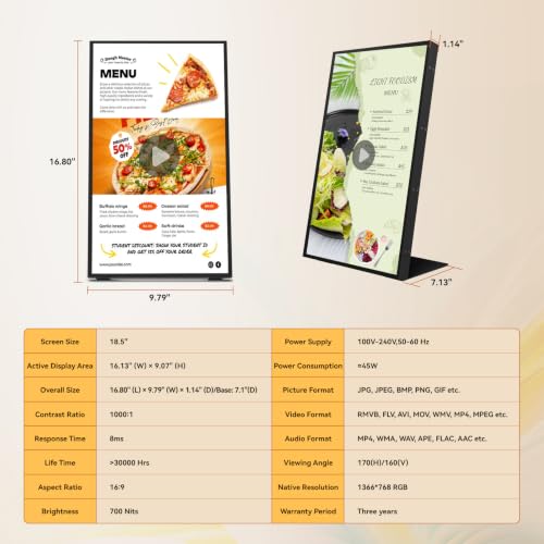 Digital Menu Board 18.5 Inch Desktop Digital Signage Display Advertising Screen For Stores Restaurants And Commercial Display 700 Nits Ultra-High Brightness Free Web Content Editor Android