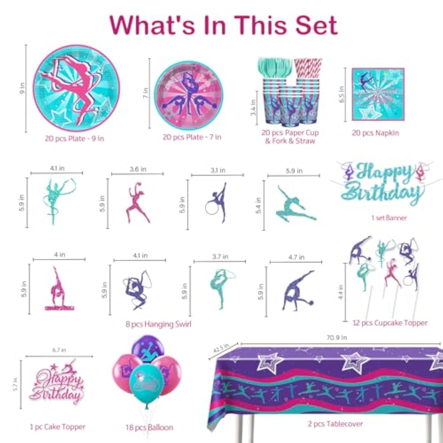 170 Pcs Gymnastics Birthday Party Decorations, Serves 20 Guests, With Banner, Balloon, Cake Topper, Plates And Napkins, For Gymnastics Party Decorations