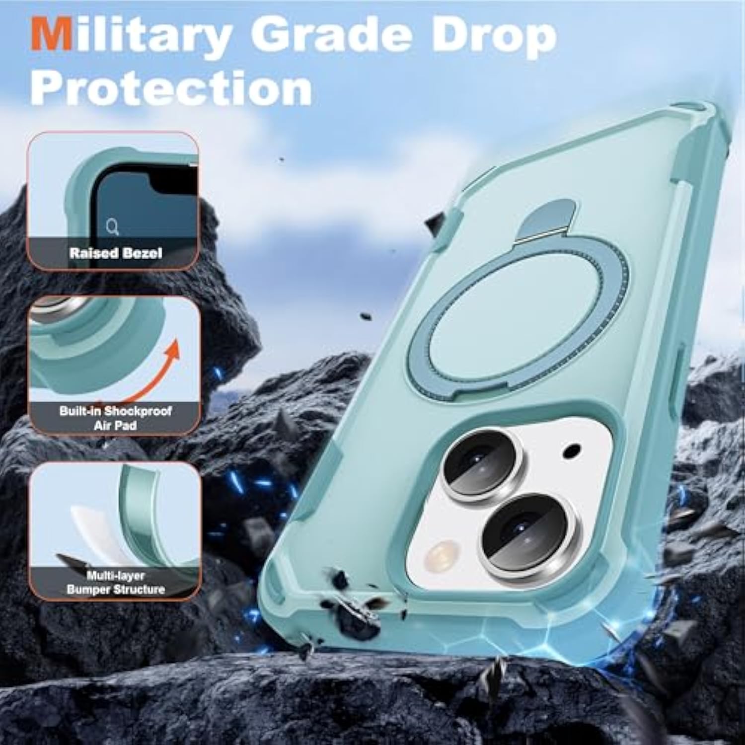 Compatible With Iphone 13 & 14 Case 6.1'' With Magnetic Ring Stand [Military Drop Protection][Compatible With Magsafe] Shockproof 13 & 14 Phone Case For Men Wowen,Cyan