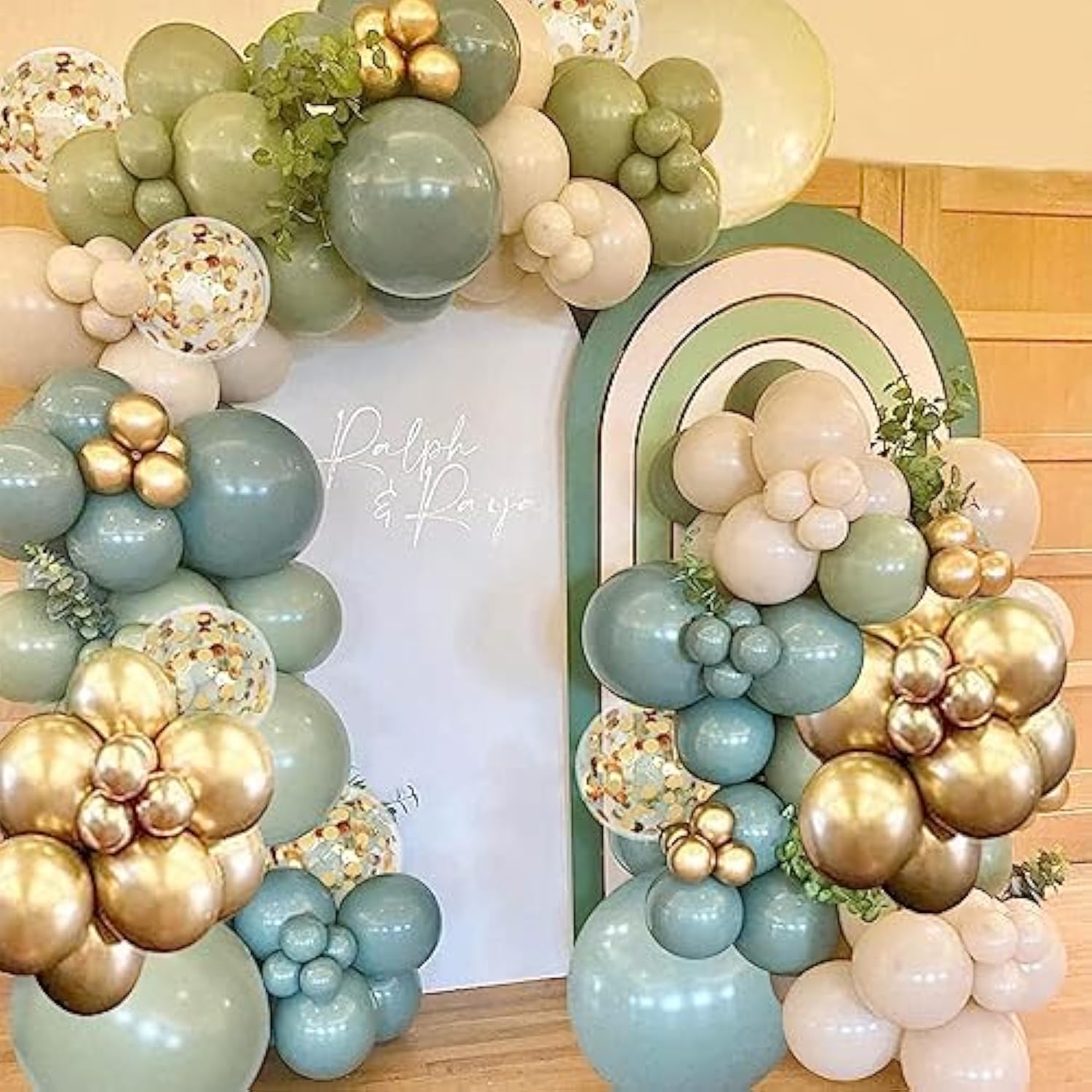 Sage Green Blue Balloons Garland Kit, 138Pcs Dusty Blue Sand White And Gold Balloons For Boys Baby Shower Wedding Birthday Jungle Safari Woodland Wild One Party Decorations………