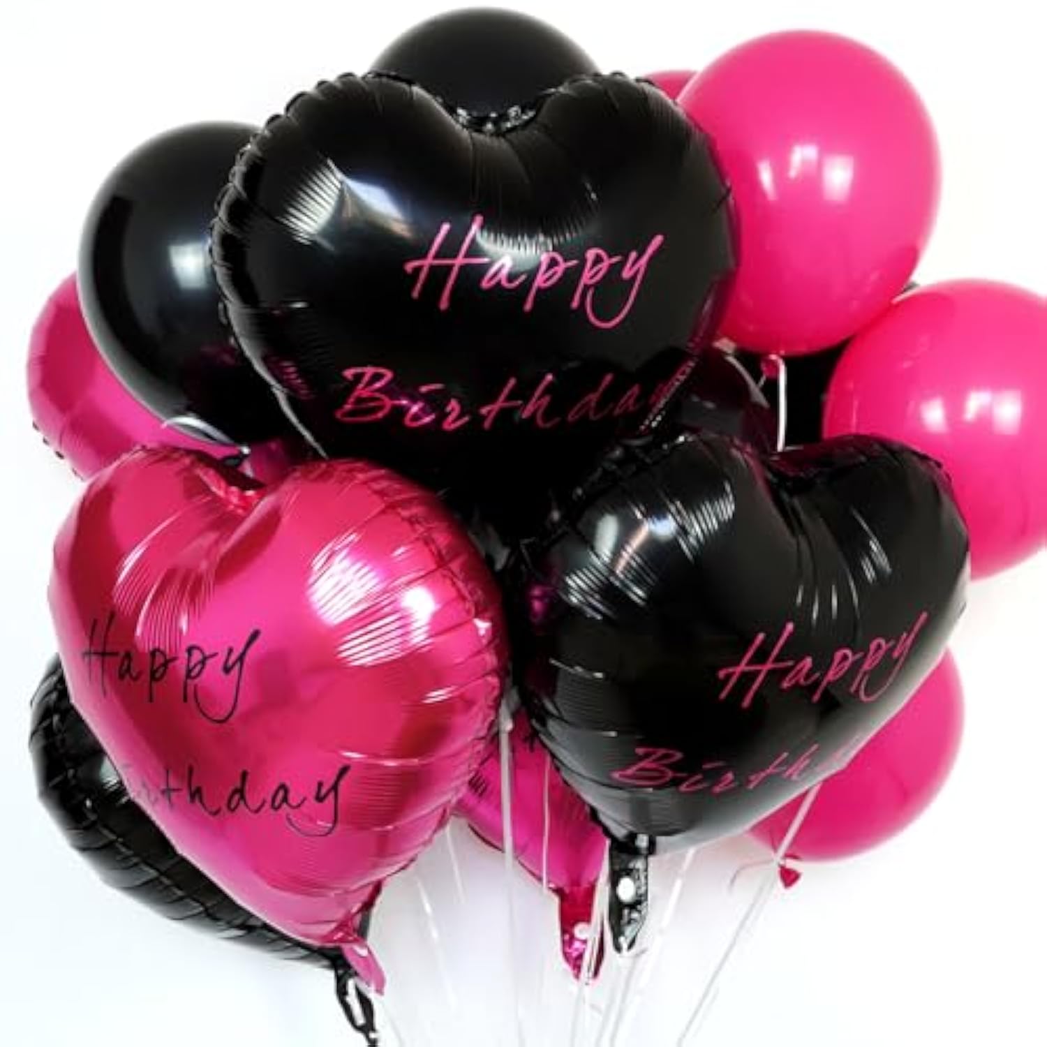 29pcs Black & Hot Pink Happy Birthday Balloons with Foil Hearts for Milestone Parties