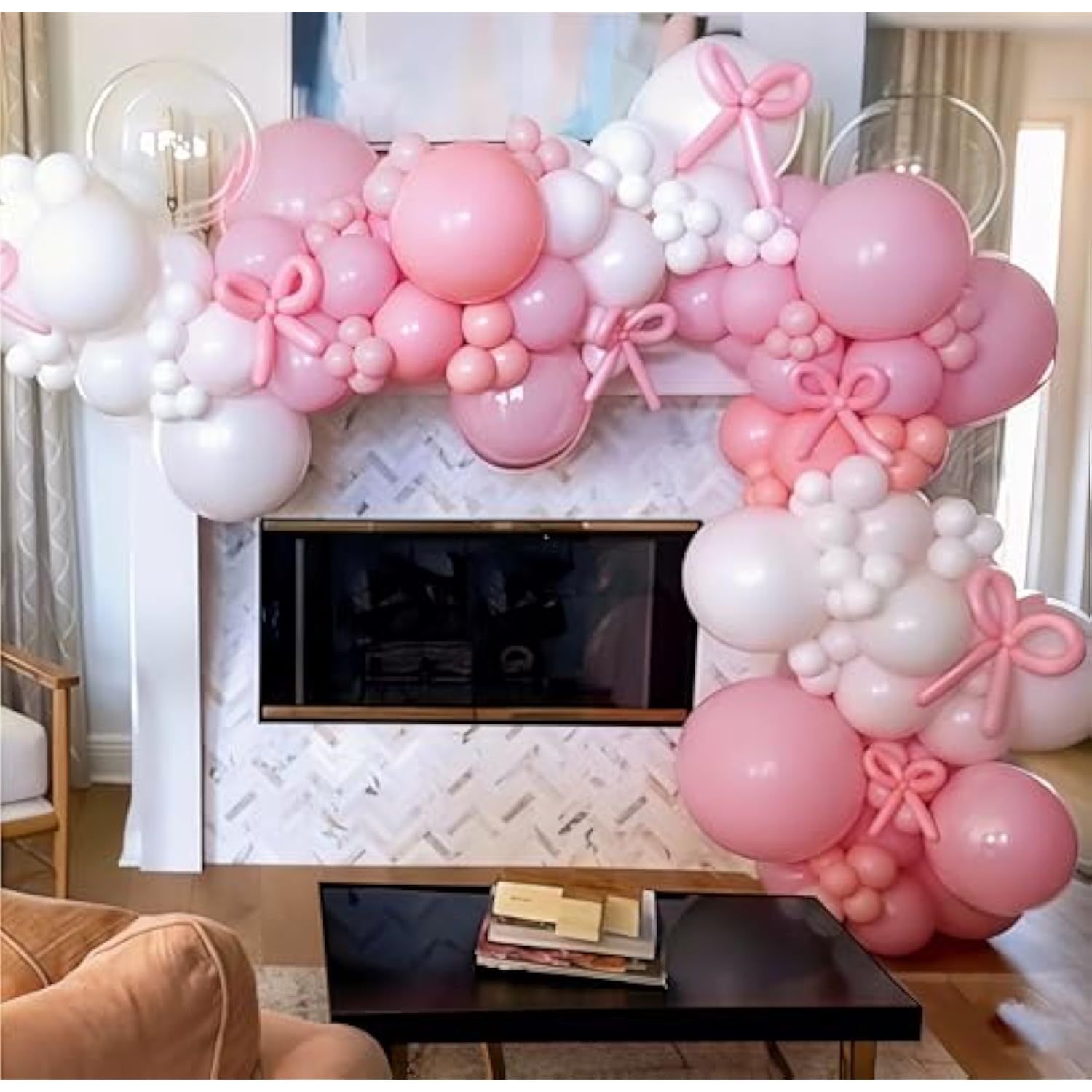 134 PCS Pastel Pink & White Balloon Arch, Coquette Bow Garland for 1st Birthday