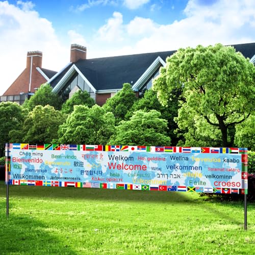 World Flags International Welcome Yard Banner Olympic Party Decorations 64 Countries Flag with 30 Languages Welcome Words Around the World Multicultural Decor Olympic Welcome Banner Yard Sign