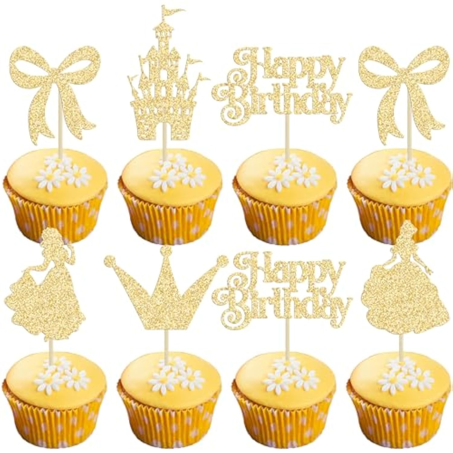 24pcs Frozen Princess Cupcake Toppers Glitter Castle Bow Cake Decorations