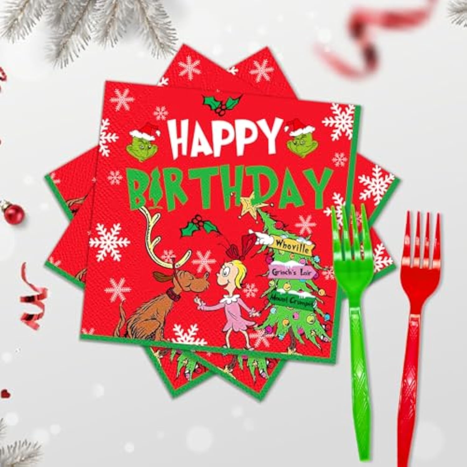 182Pcs Christmas Birthday Banner And Decorations - Green Monster Christmas Birthday Party Supplies With Bnaner, Paper Plates, Balloons, Tablecloth, Napkins, Forks Cups And Foil Curtains