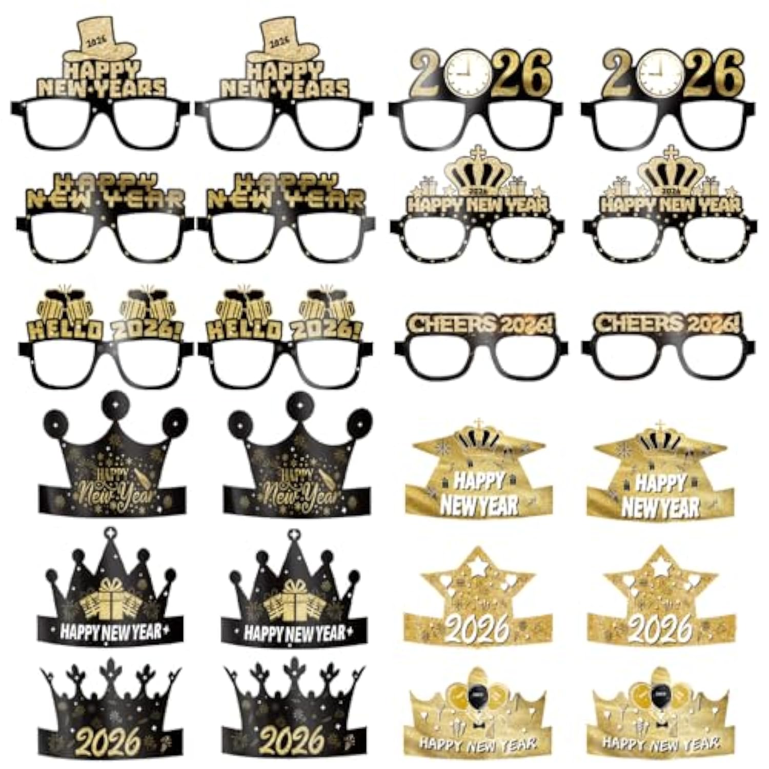 2026 New Year’s Eve 24-Piece Party Set with Black and Gold Hats and Glasses