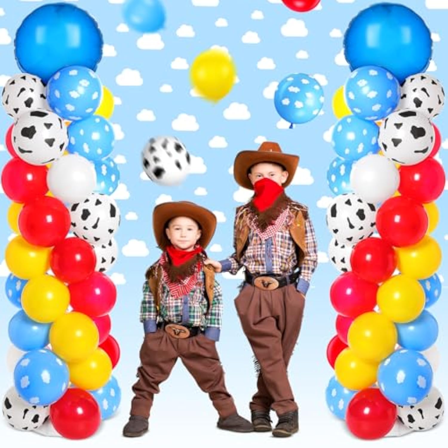 2 Sets Toys Inspired Balloon Column Stand Kit Cartoon Game Cow And Cloud Pattern Yellow Red Blue White Latex Ballloons For Inspired Party Themed Birthday Baby Shower Decorations