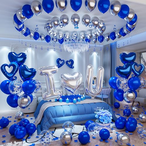 I Love You for Him/Her Balloons Royal Blue and Sliver balloon kit with 24/18in Heart Shaped Foil Balloons and 400pcs Blue Artificial Rose Petals for Valentines Party Romantic Decoration