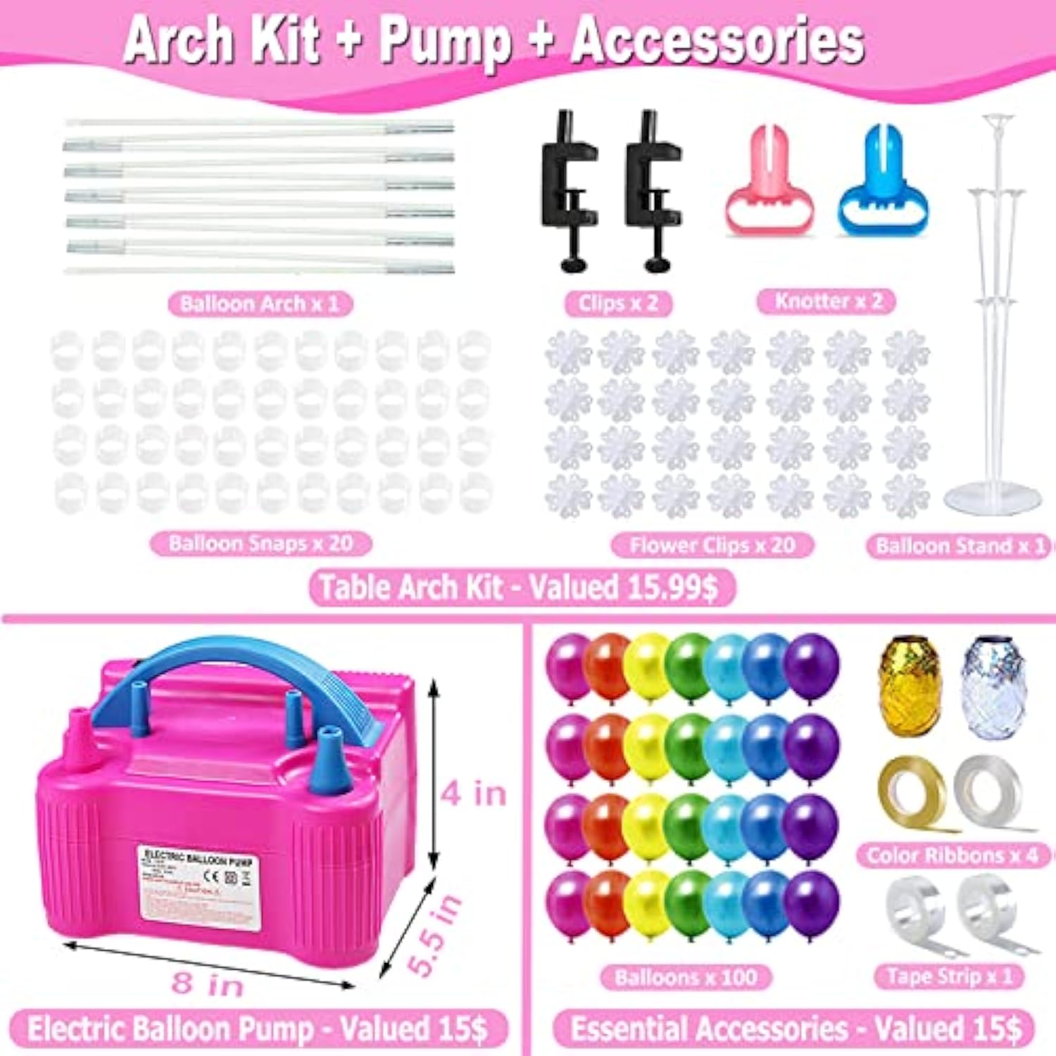 Balloon Pump Balloon Arch Kit, 170 Pcs Electric Balloon Air Pump Balloon Inflator With 12Ft Balloon Arch Stand And 100 Pcs Balloons For Birthday Wedding Party Christmas