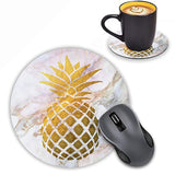 Round Mouse Pad With Coasters Set, Gold Foil Pineapple White Marble Design Mouse Pad Non-Slip Rubber Mousepad Office Accessories Desk Decor Mouse Pads For Computers Laptop