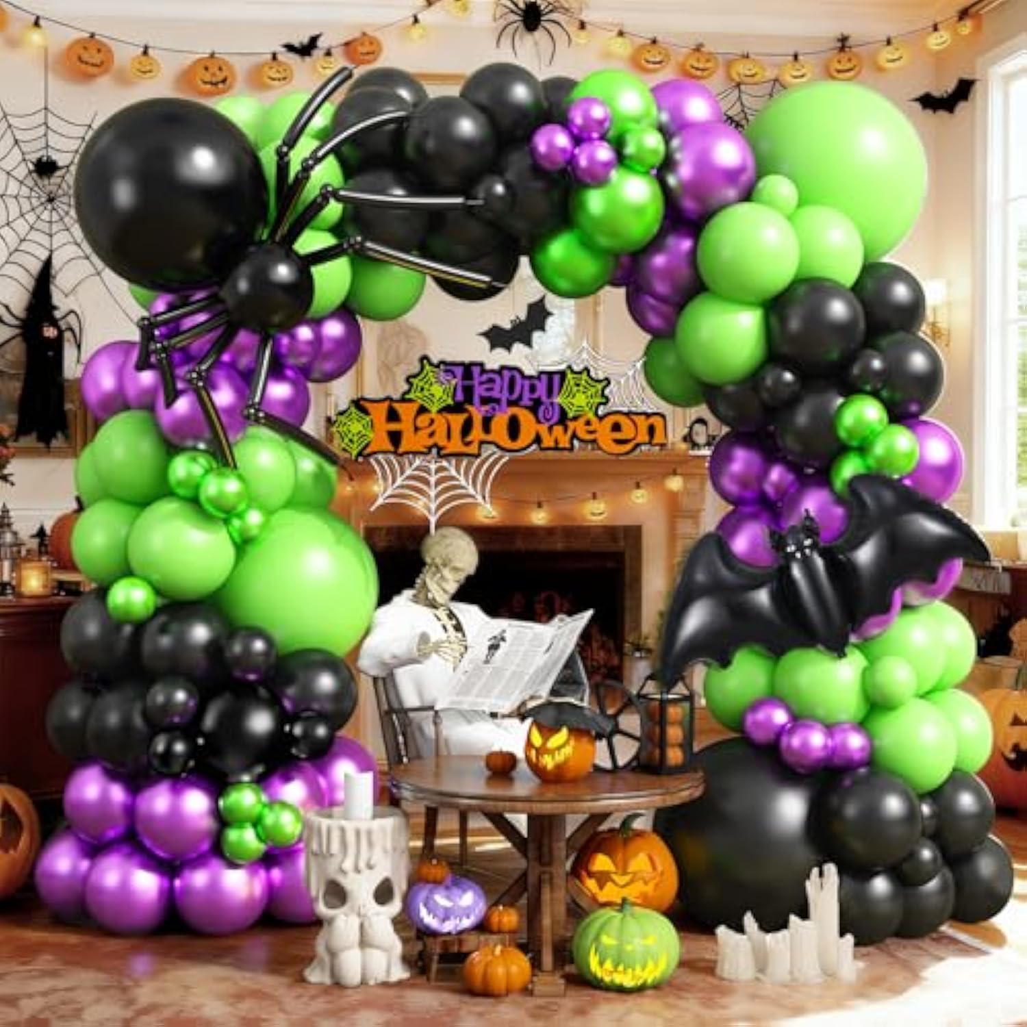 Halloween Balloon Arch Kit: Purple, Black & Lime Green with Bat Foil