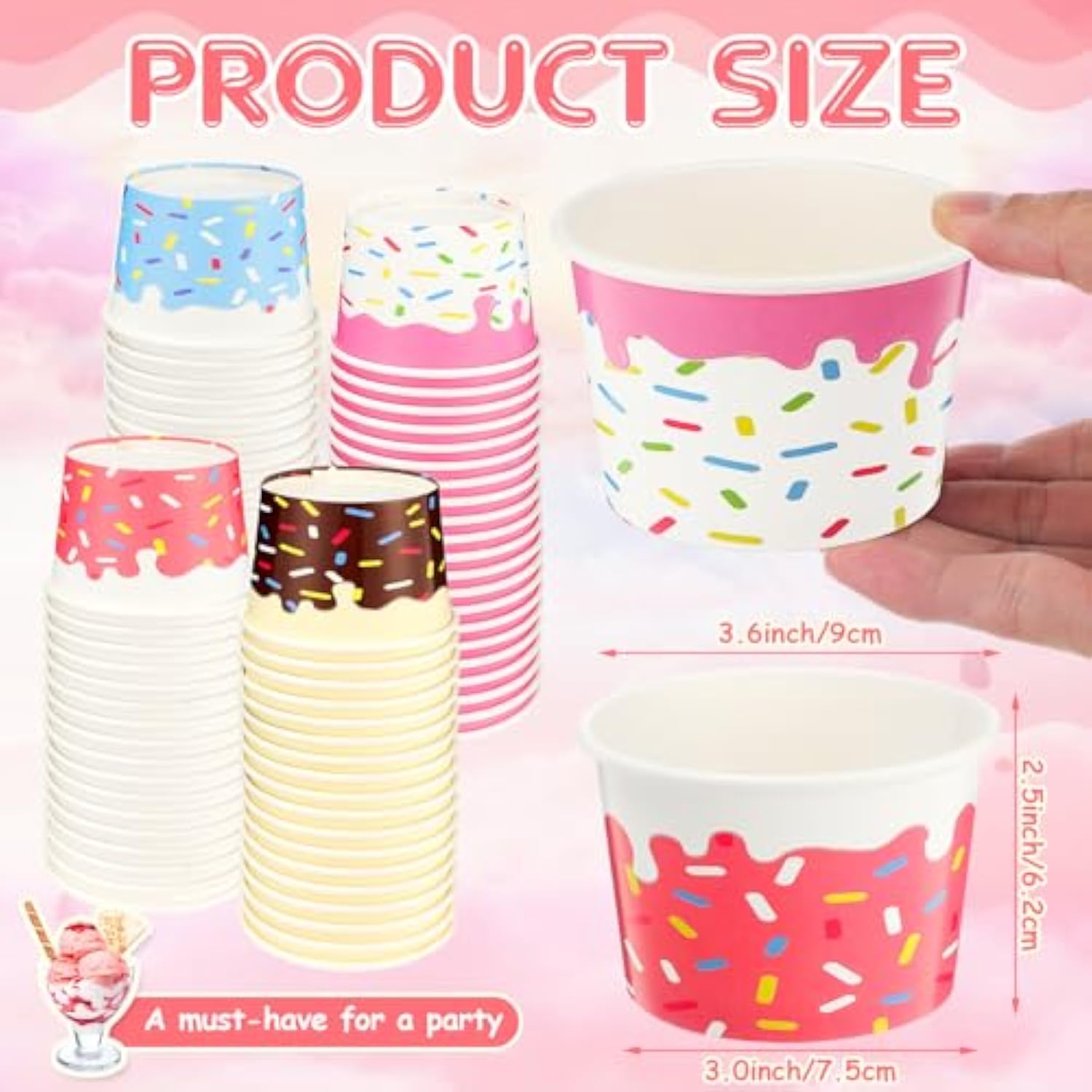 120 Pcs 9Oz Ice Cream Bowls Bulk Dessert Ice Cream Cups Paper Treats Sundae Cups Disposable Birthday Party Decorations For Hot Cold Food Soup Yogurt Cupcakes Supplies(Cute Style)