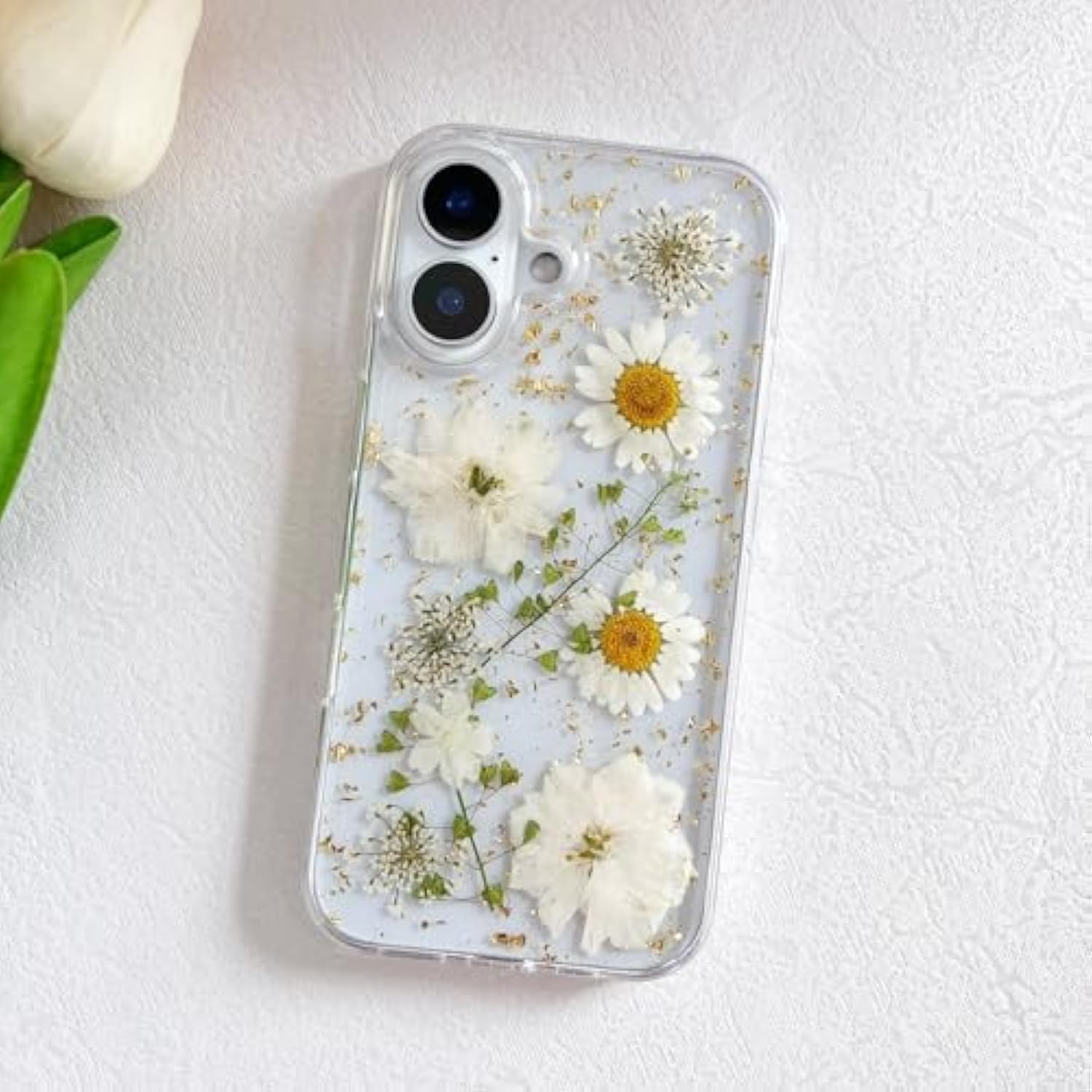 iPhone 16 Clear Case with Pressed Real Flowers, Glitter White Floral TPU Cover
