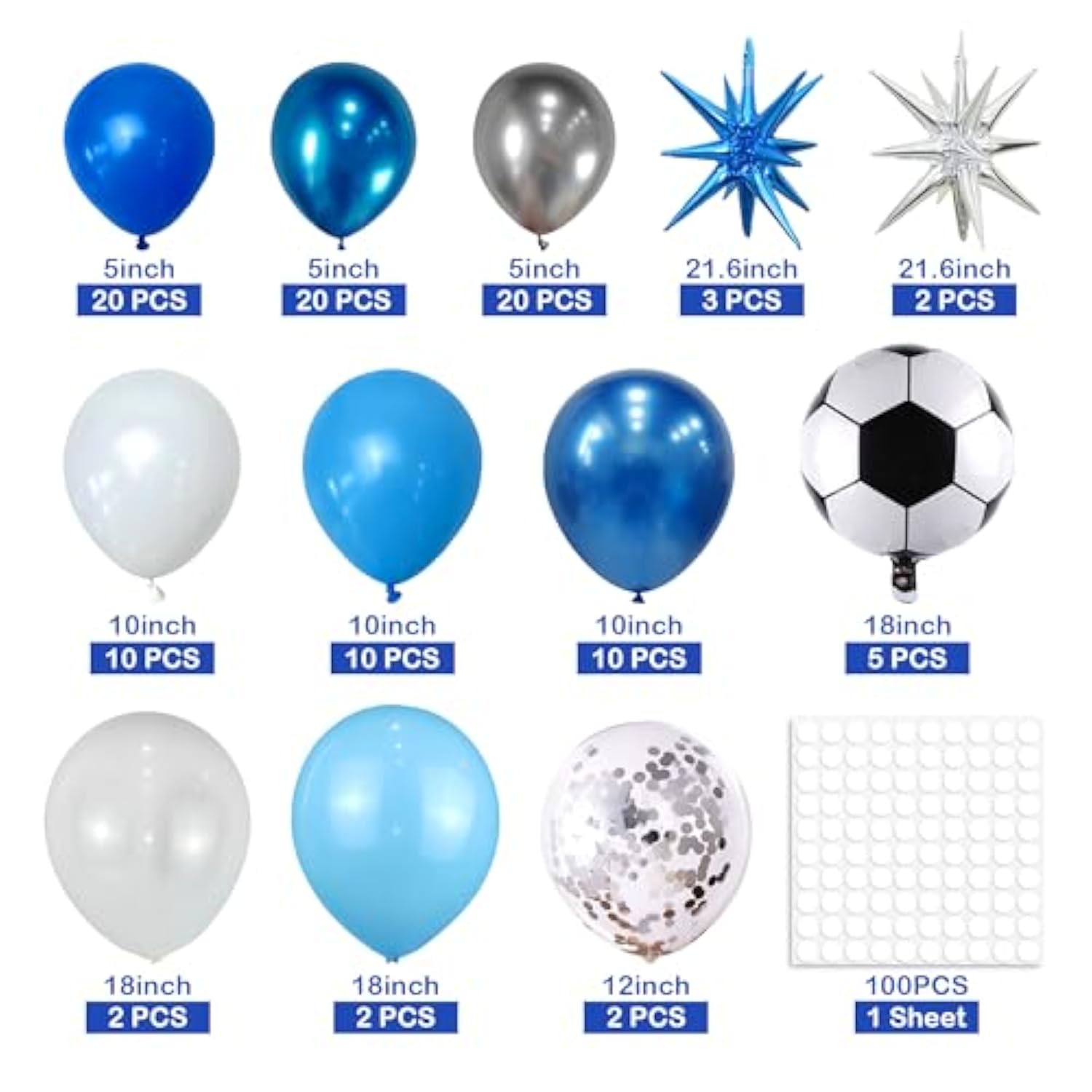 Soccer Balloon Arch Kit For Boys, Blue Silver White Balloons, Birthday Football Party Decoration, Includes 106 Pieces
