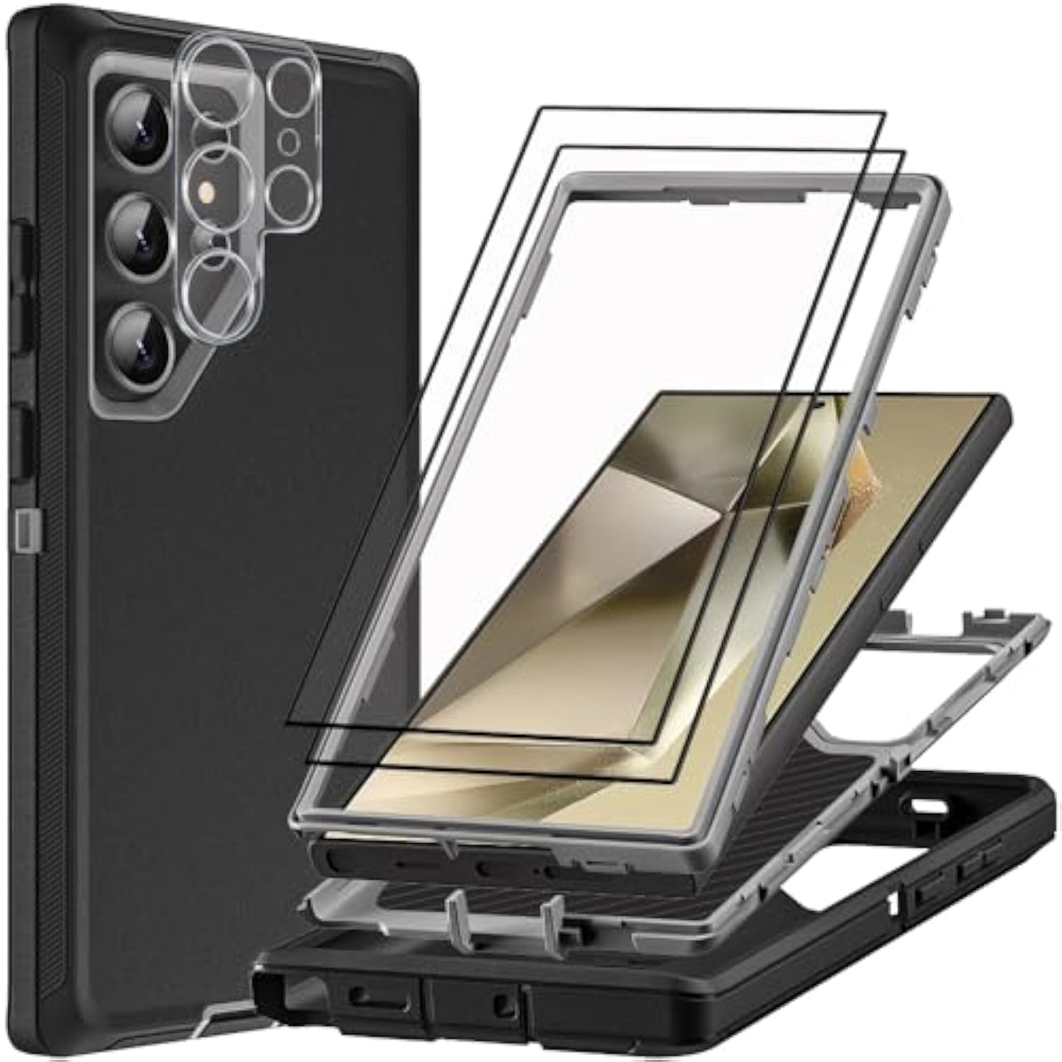 For Samsung Galaxy S24 Ultra Case With 2Pcs Tempered Glass Screen Protector And 1Pcs Camera Lens Protector, 3 In 1 Heavy Duty Shockproof/Drop Proof/Dust Proof Case (Black/Grey)