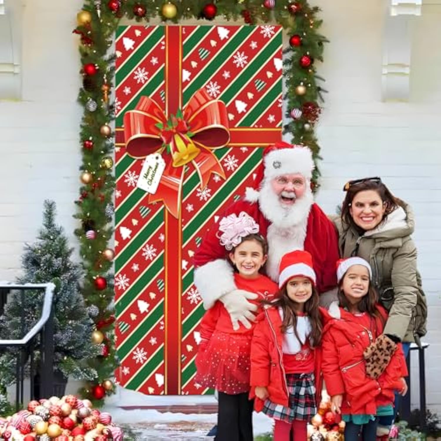 Christmas Door Cover Red Gift Box Merry Christmas Door Cover Banner Photography Background For Winter Xmas Holiday Party Decor, 71 X 35 Inches