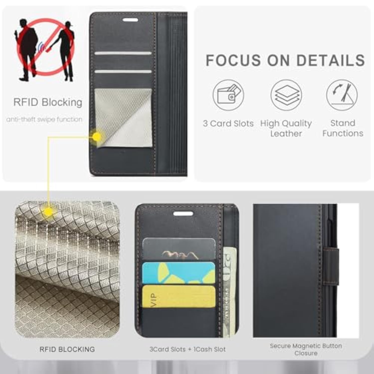 Pixel 9 Pro XL 6.8" Wallet Case, RFID Blocking, PU Leather, Flip Stand - Black