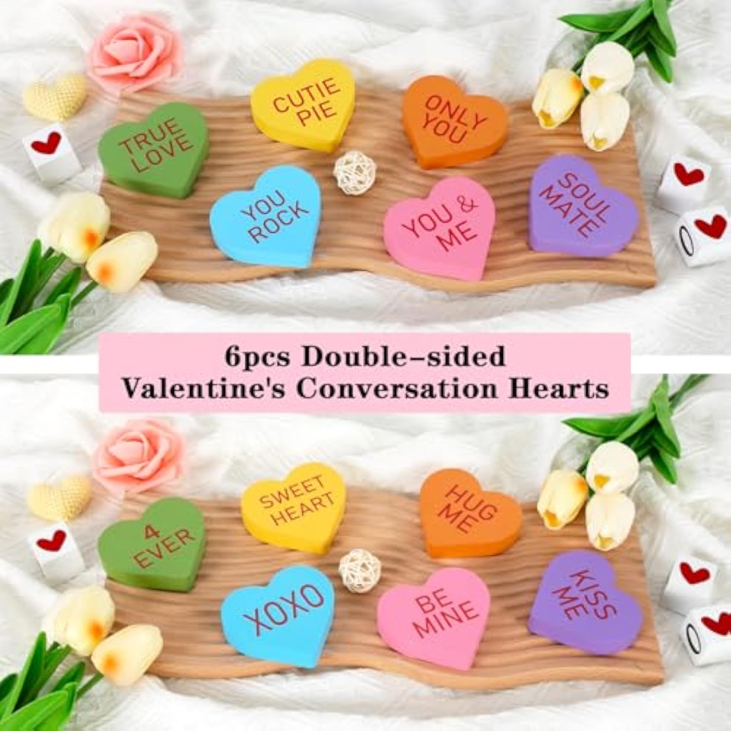 Valentines Day Decor - 6Pcs Double-Sided Wooden Valentine'S Conversation Hearts For Tiered Tray Shelf Mantel Decor - Freestanding Xoxo Kiss Me Valentines Day Decorations