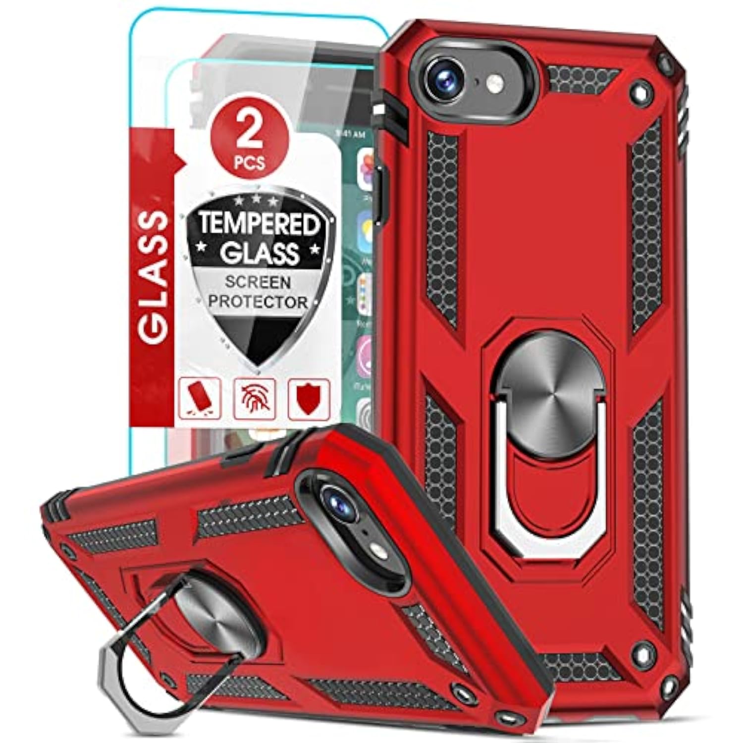 For Iphone Se 2022/2020 Case (3Rd Gen), Military-Grade With Magnetic Kickstand, 2-Pack Tempered Glass Screen Protector, Red