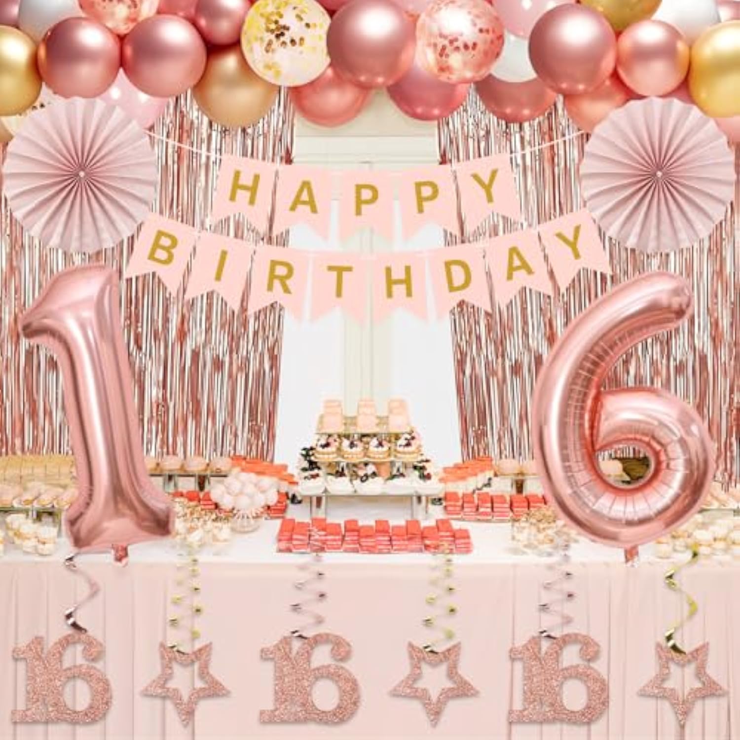 60Pcs 16Th Birthday Decorations Kit For Girls Women, Pink Rose Gold Happy 16Th Birthday Banner, Happy Sixteen Bday Foil Fringe Curtains Balloon Arch Hanging Swirl Party Supplies