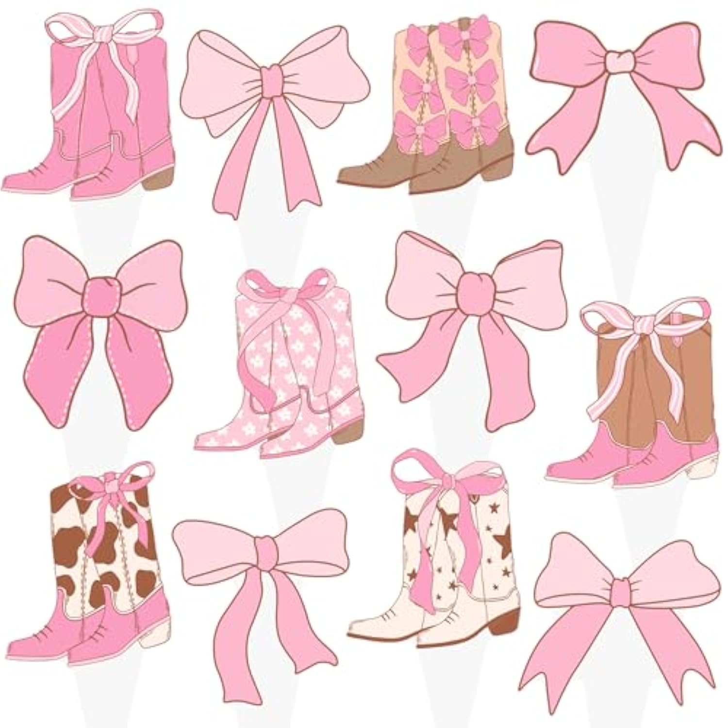 48 Pcs Pink Cowgirl Boots Bows Cupcake Toppers Western Party Decor