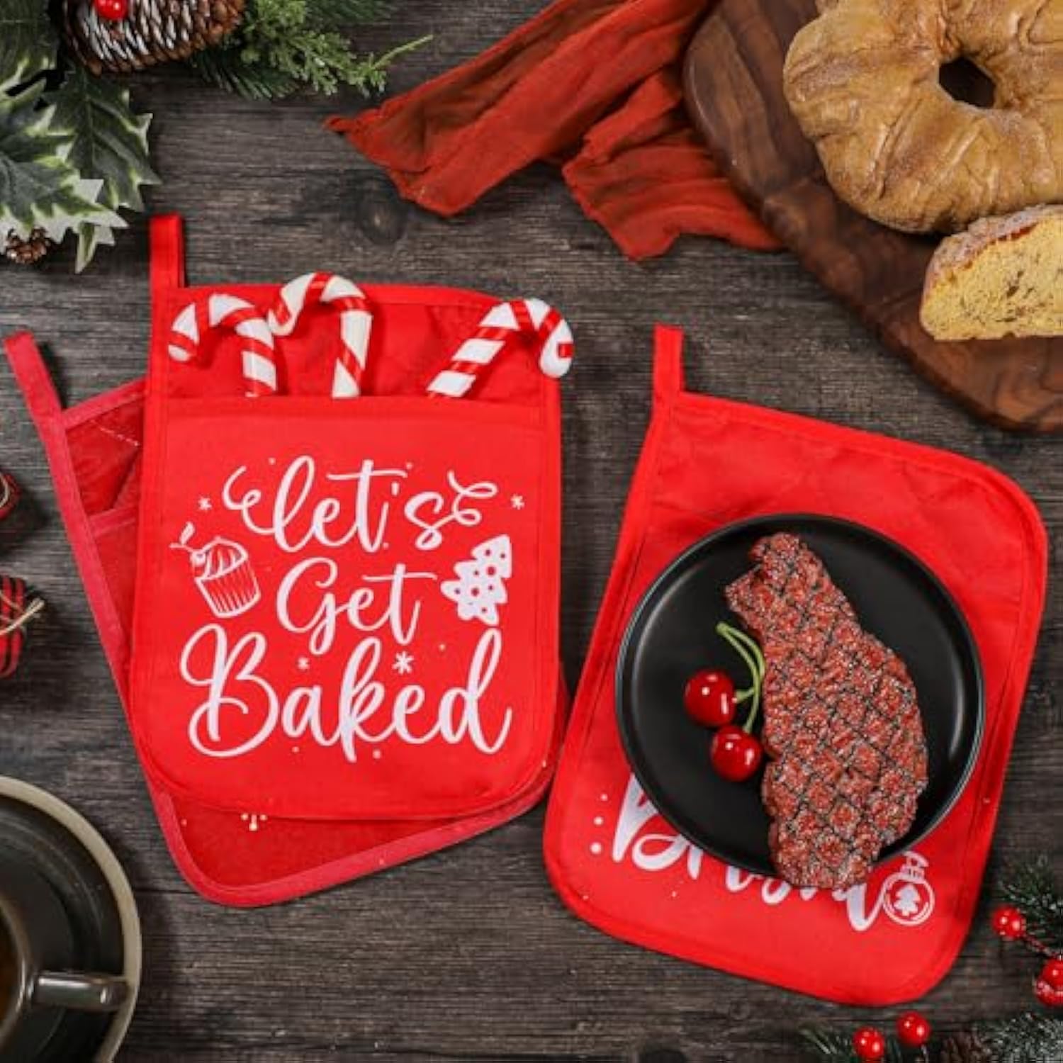 10 Pcs Christmas Pot Holders With Pocket Pot Holder Potholder Gift Hot Pads Heat Resistant Oven Mitts Cookie Bag For Kitchen Baking Cooking (Red,Simple)