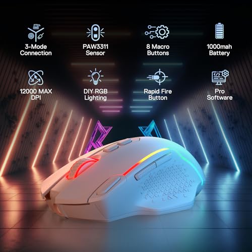M810 Max 3-Mode Wireless Gaming Mouse, 12000 Dpi Wired/Wireless Rgb Mouse W/Rapid Fire Key, 8 Macro Buttons, 188-Hour Reliable Power Capacity For Pc/Mac/Laptop