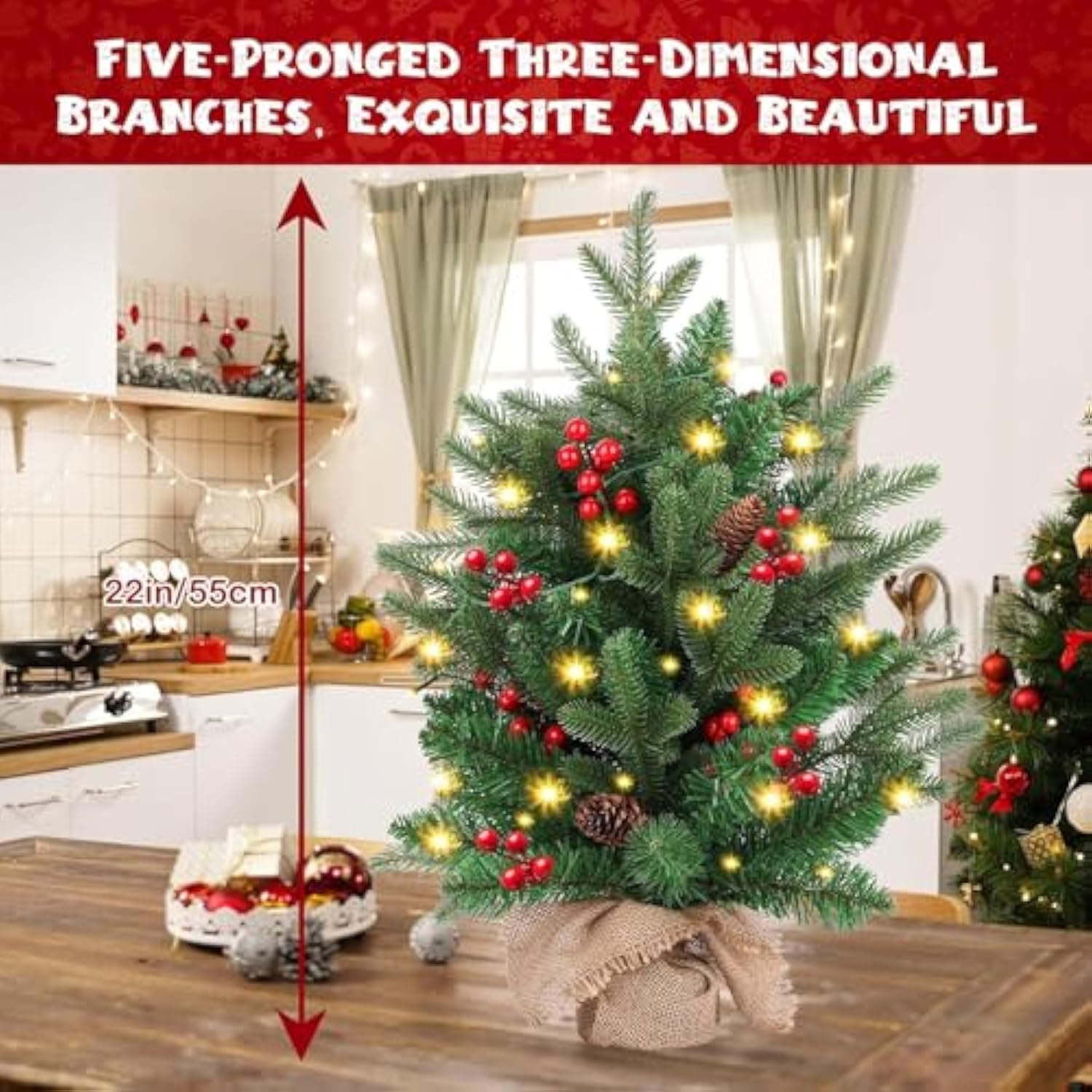 Mini Christmas Tree,20 Inch/50Cm Small Christmas Tree With Lights With 2M Led Lights,75 Branch Tips,For Home Office Christmas Decorations