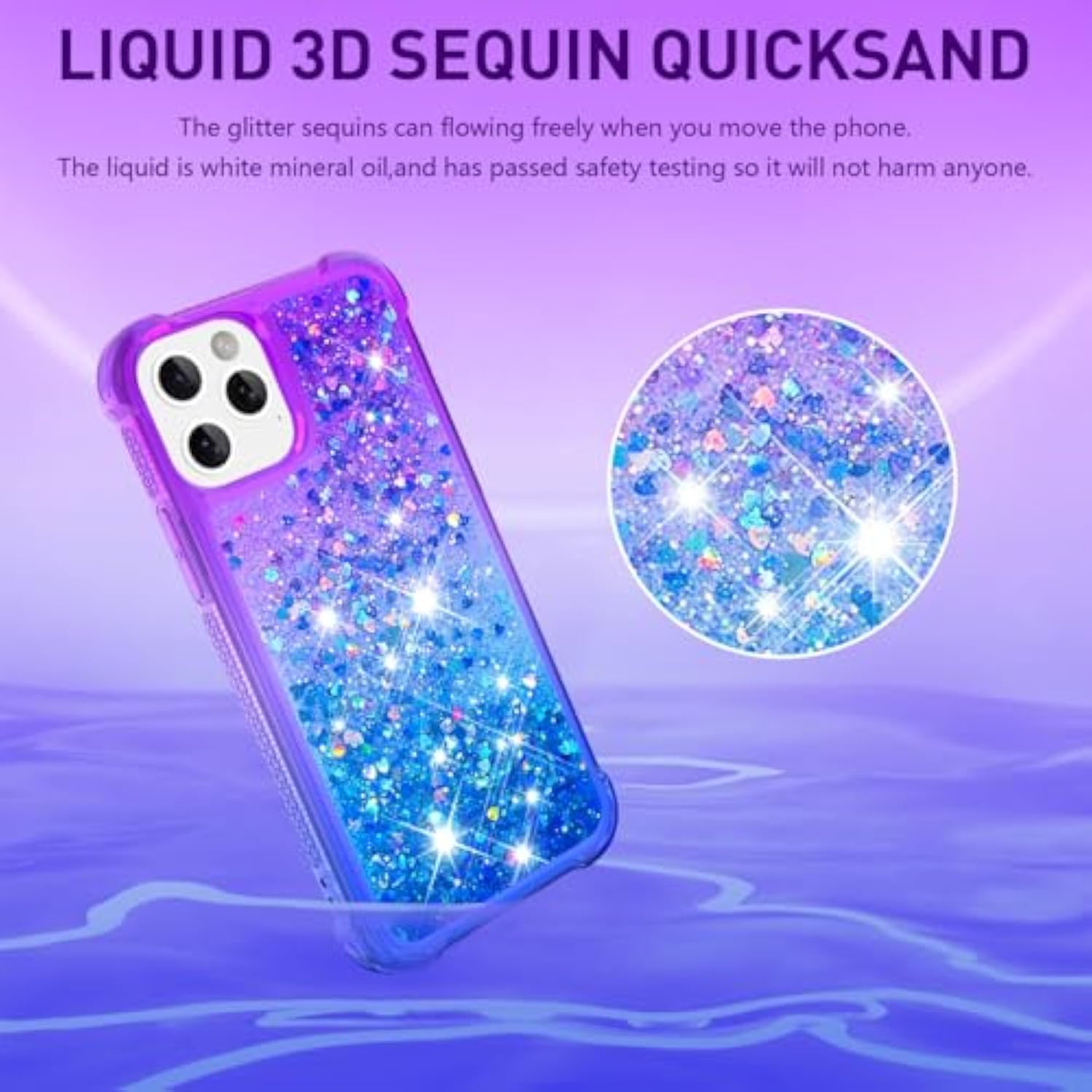Purple Blue Glitter Bling Floating Liquid Cute Women Girls Phone Case for iPhone 12/12 Pro with Tempered Glass Screen Protector