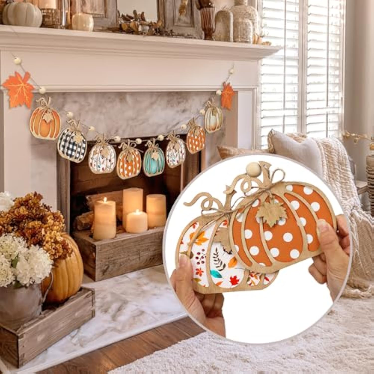 Fall Pumpkin Banner - 8.2Ft Wooden Pumpkin Decor for Thanksgiving